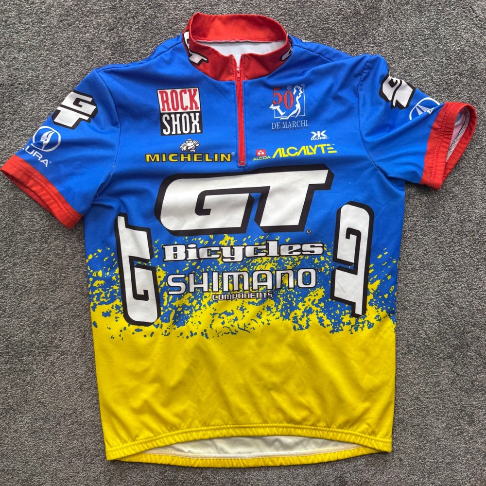 Vintage De Marchi GT Bicycles Shimano Cycling Jersey Blue Yellow Mens XL